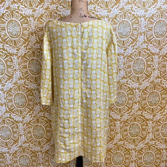 Boden Laurie Linen 3/4 Sleeve Shift Dress in Chartreuse, Pineapple Geo size 14R - Picture 11 of 13